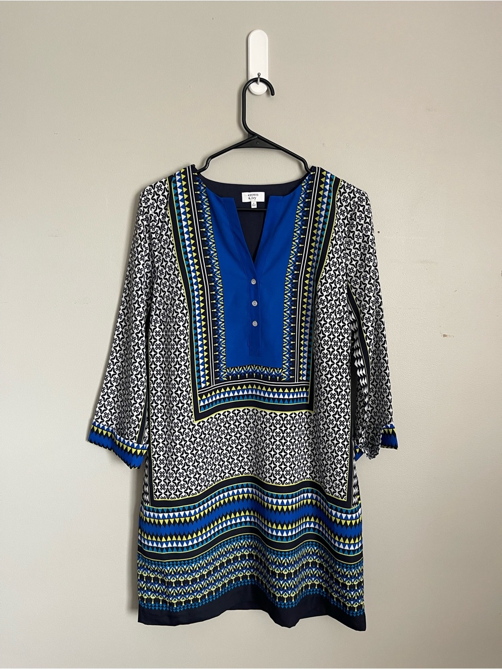 CROWN & IVY Navy Blue Patterned Long Sleeve Shift Dress Sz 8
